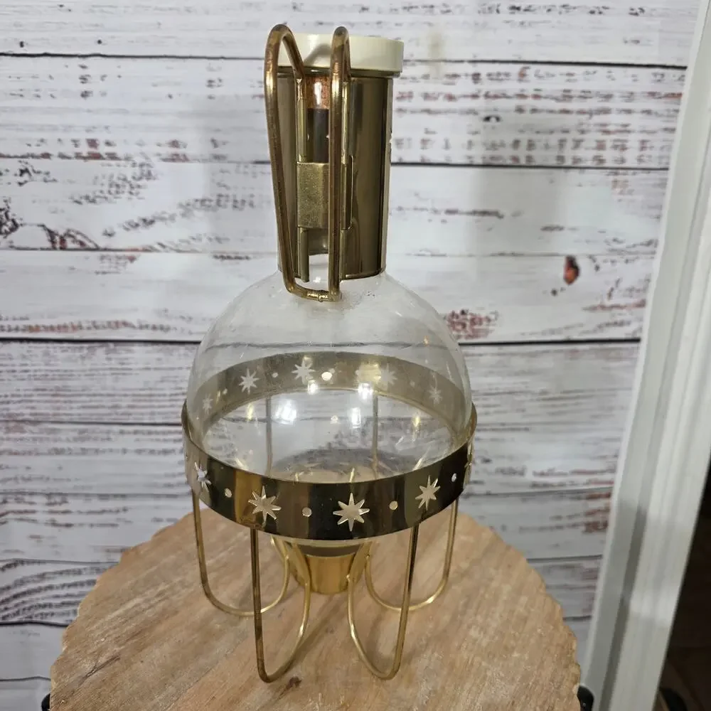 VTG Corning Glass Carafe & Rustic Brass Warming Stand Star Cutouts